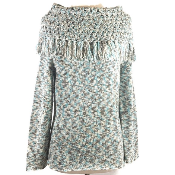 •SPANNER•NWOT TEAL/TAN/OATMEAL COWLNECK SHAWL FRINGE KNIT SWEATER SIZE MEDIUM - Picture 5 of 10